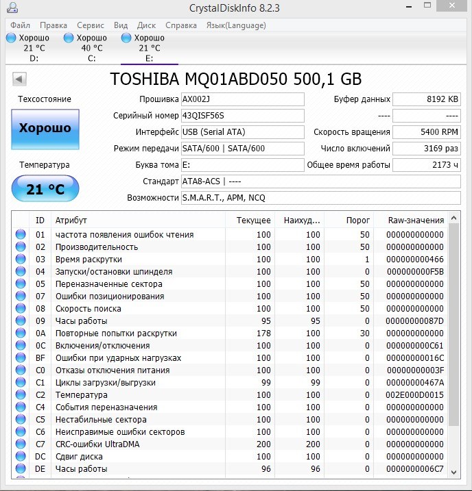 Жесткий диск для ноутбука Toshiba 500GB (MQ01ABD050), SATA 2.0, 5400 об/мин БУ
